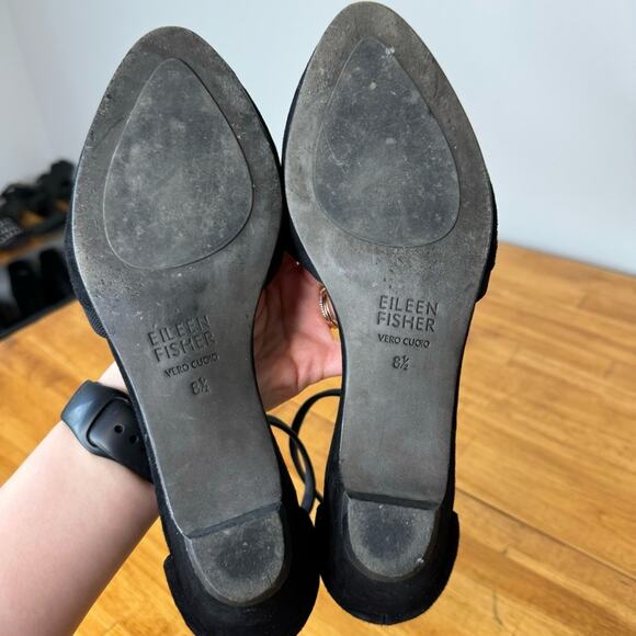 Eileen Fisher Ivie Black Suede Leather Ankle Strap Mesh Trim Heels Size 8.5 - Picture 4 of 5